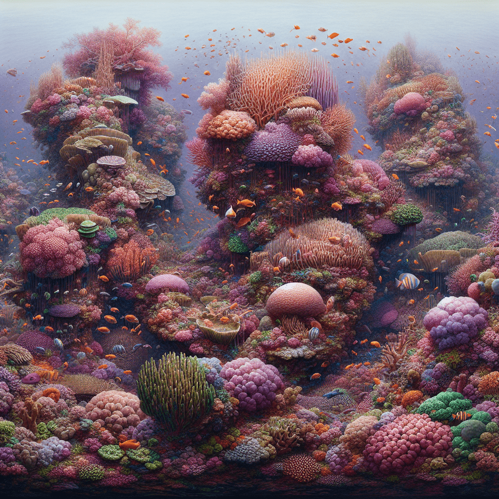 A vibrant and intricate underwater scene featuring a diverse array of colorful coral formations, with schools of small fish swimming throughout.