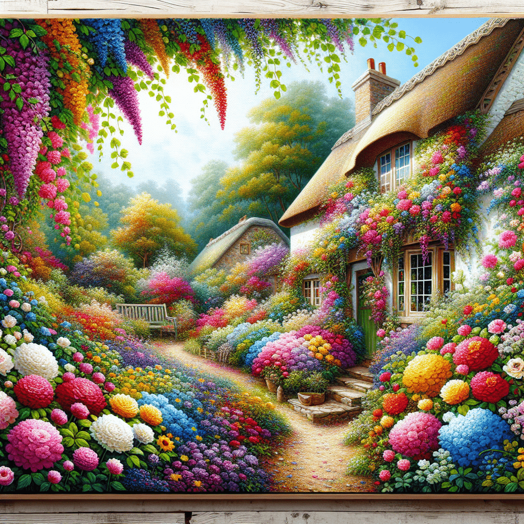 A quaint thatched-roof cottage surrounded by a vibrant and colorful garden in full bloom with a variety of flowers and a small rainbow visible among the trees in the background.