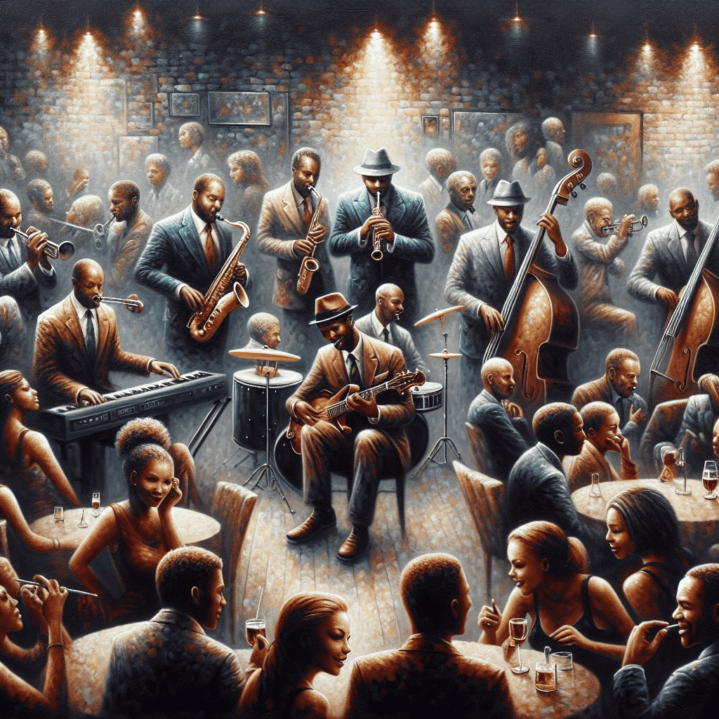 Alt text: An illustration of a lively jazz club scene with musicians playing various instruments including a saxophone, double bass, and electric guitar, while people are enjoying conversations at their tables. The atmosphere is warm and filled with a sense of musical movement and social interaction.