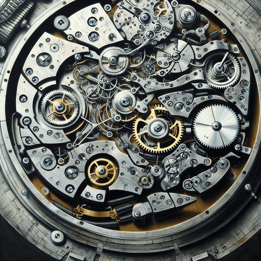 Close-up of the intricate mechanical workings of a watch movement showing gears, springs, and screws.