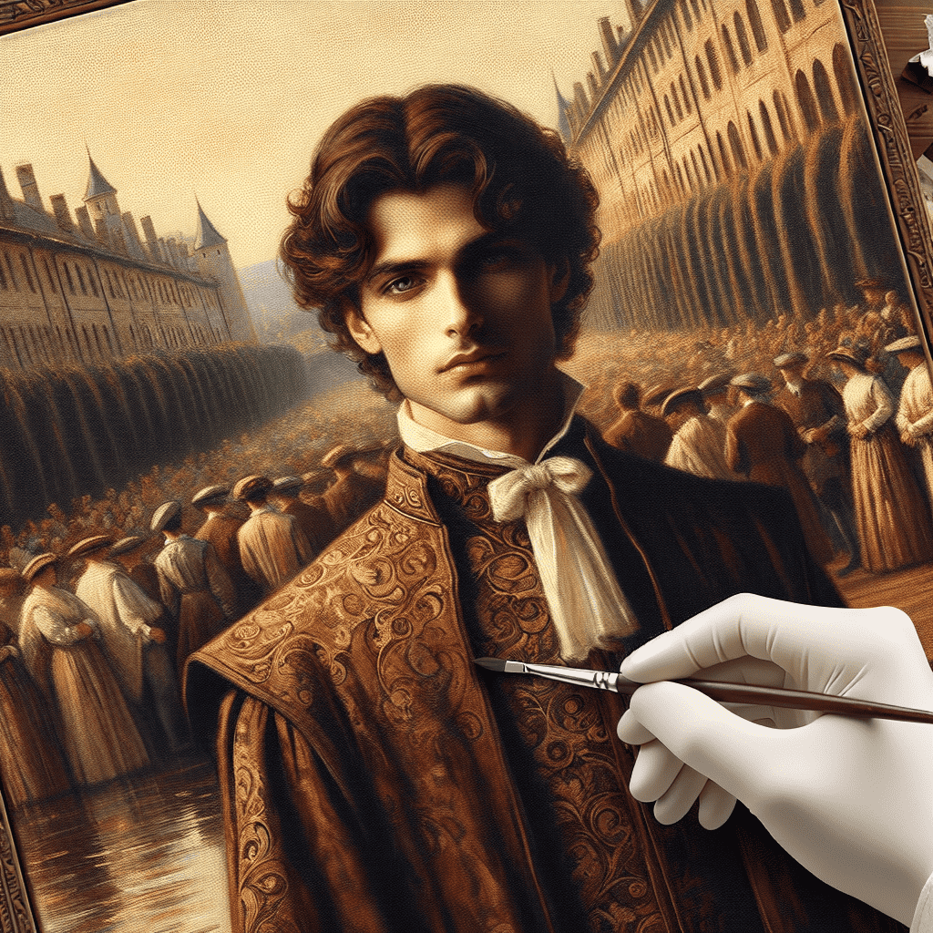 A painting of a young man with curly hair dressed in an ornate Renaissance coat, holding a paintbrush to the canvas, which includes a scene of a historic procession in the background.