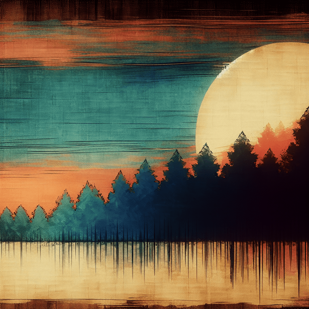 A stylized artwork featuring a row of dark evergreen trees silhouetted against a warm-toned backdrop with a large, pale sun setting or rising in the background. The image has a textured, abstract quality with vertical streaks suggesting reflection on water or a digital glitch effect.