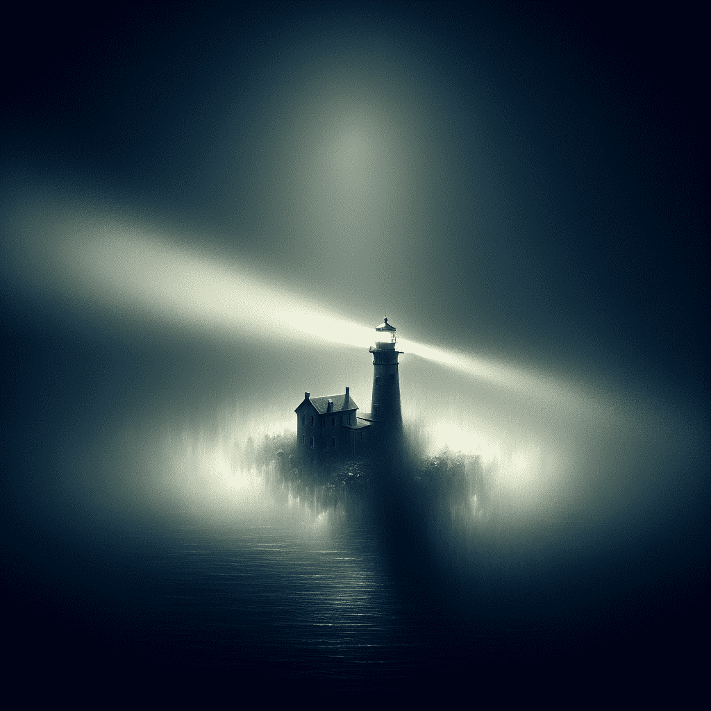 A lighthouse and adjacent building surrounded by fog with beams of light cutting through the mist.