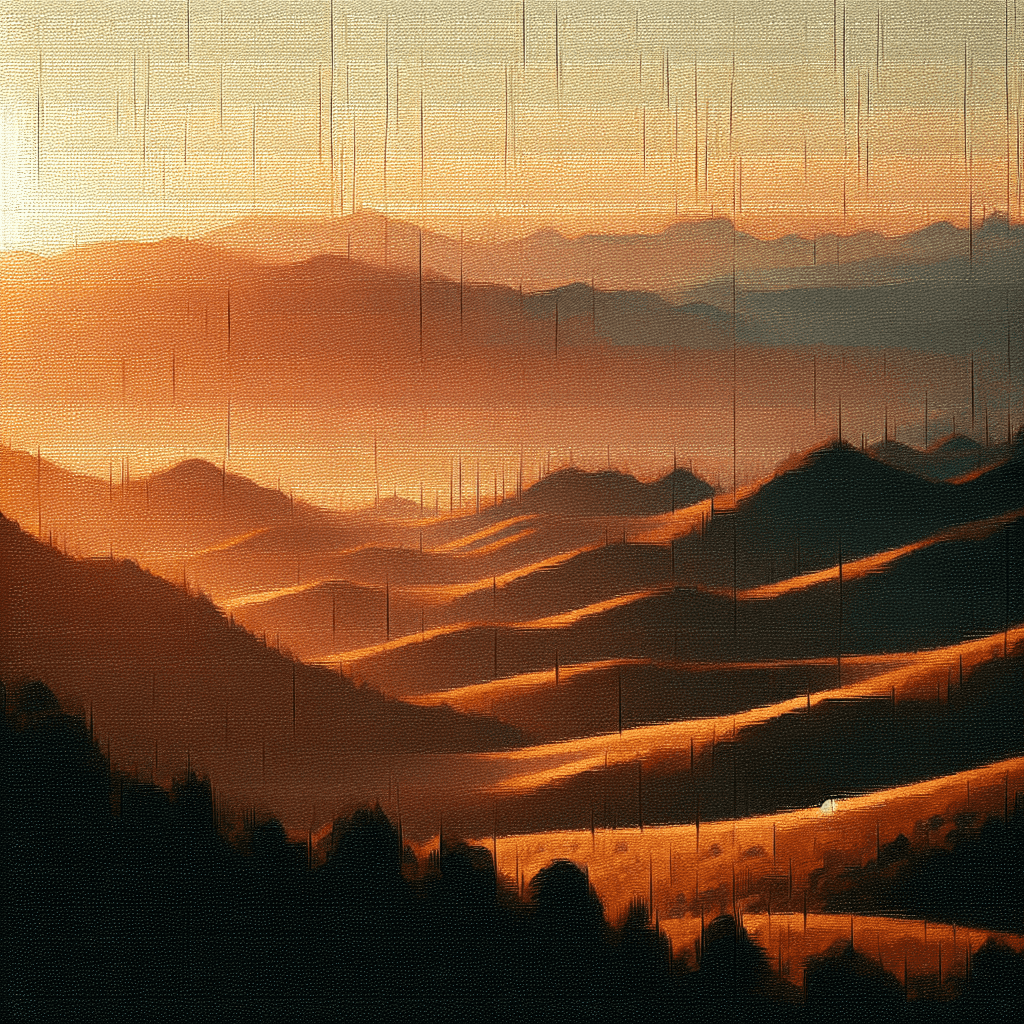 A stylized digital painting of rolling hills during sunrise or sunset with warm golden hues and a grid overlay that gives a textured effect.