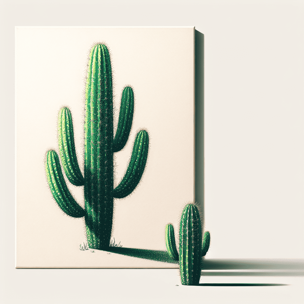 A canvas print depicting a green cactus with multiple arms casting a light shadow on a white wall.