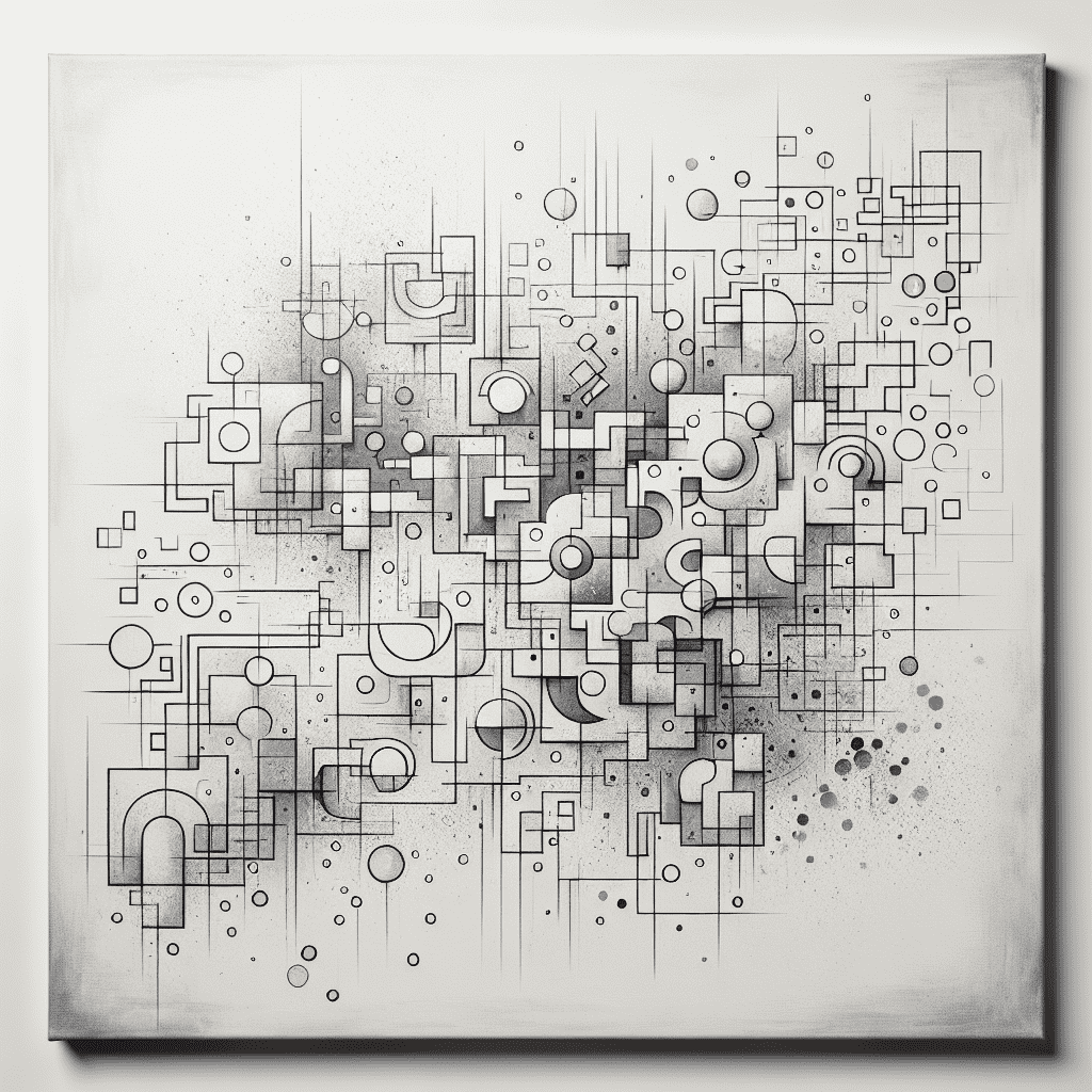 An abstract black and white painting featuring an intricate array of geometric shapes, lines, and dots creating a complex pattern on a square canvas.
