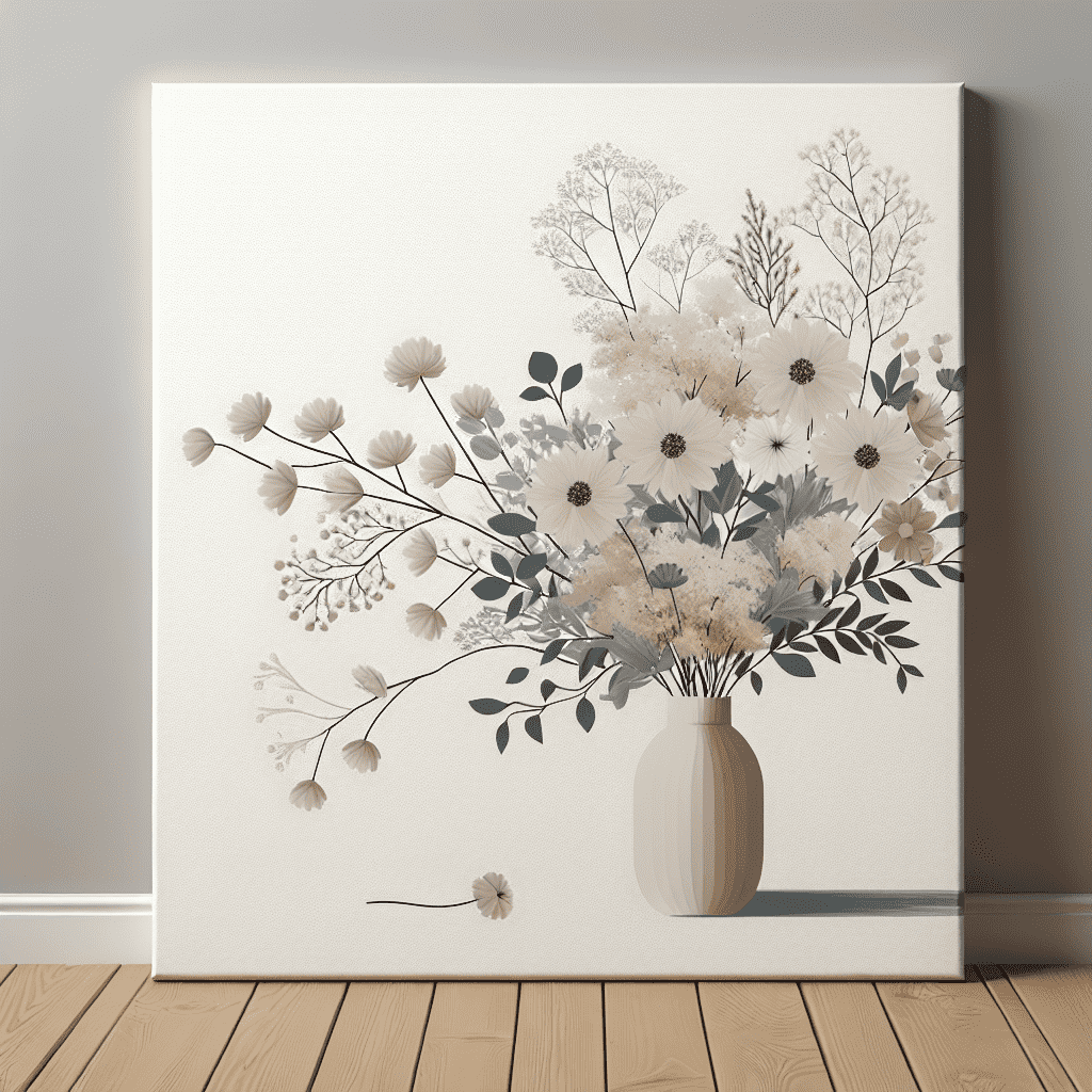 Alt text: A canvas print depicting a stylized beige and white bouquet of flowers in a vase, set against a light background, placed on a wooden floor leaning against a wall.