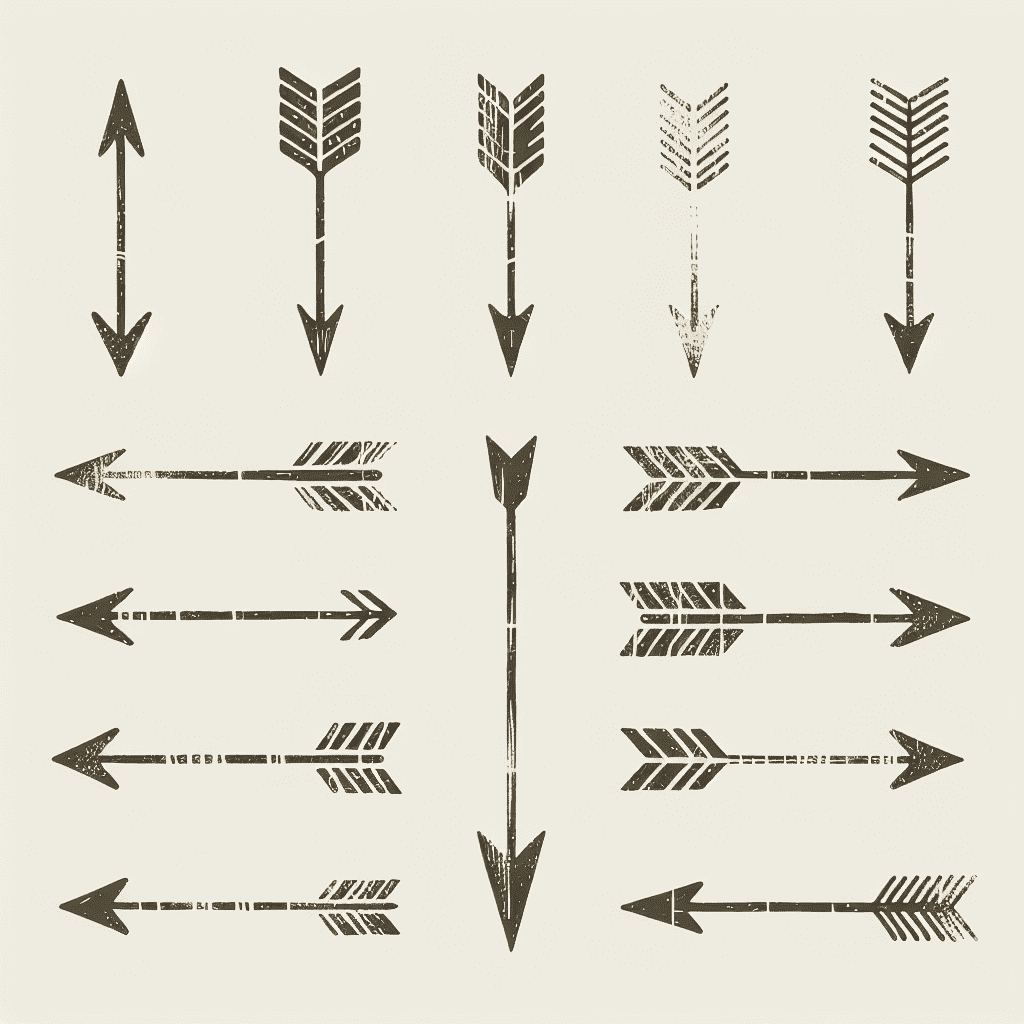 An array of stylized arrows in various designs printed in black ink on a beige background.