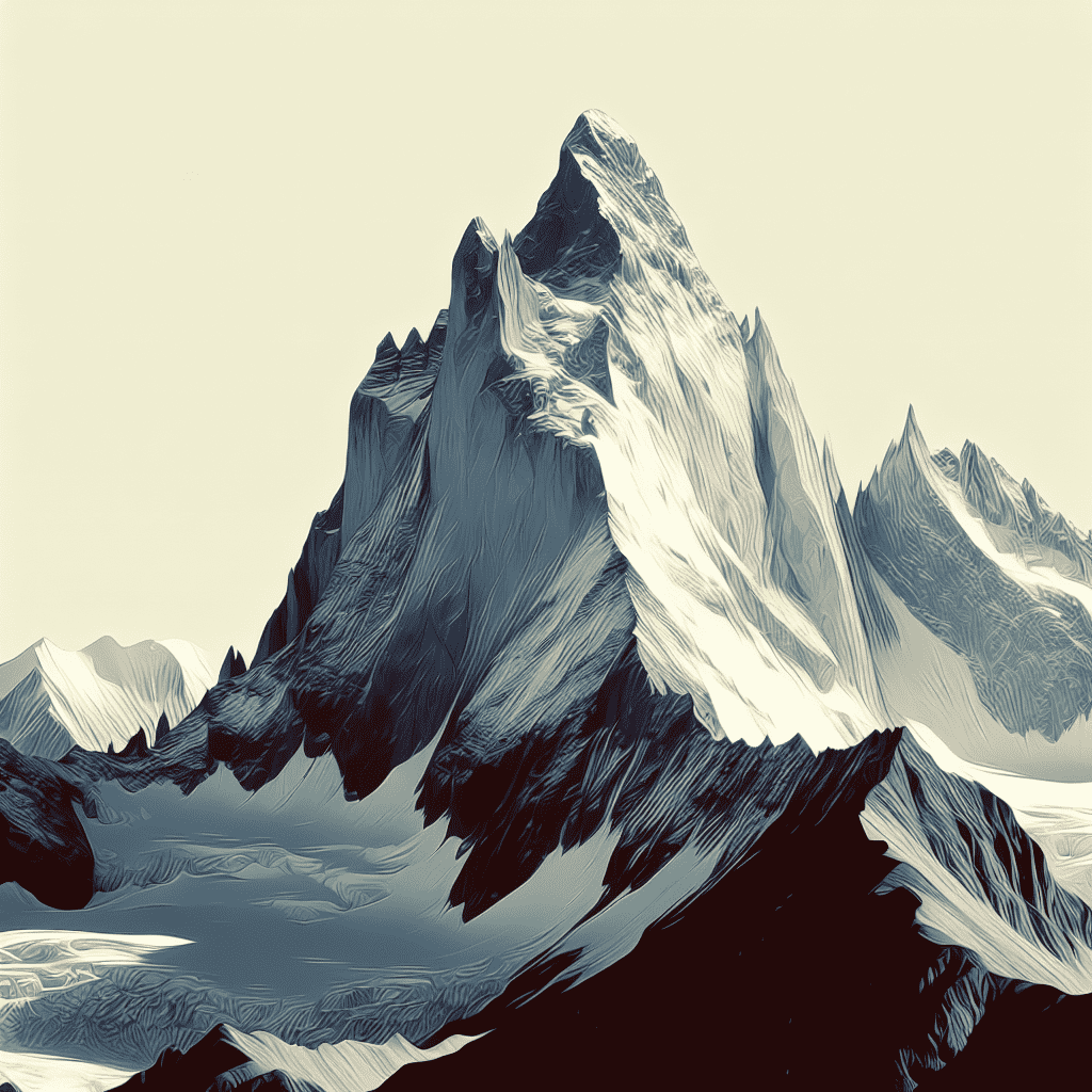 Digital artwork of stylized mountain peaks with sharp edges and smooth lines in a monochromatic color scheme.