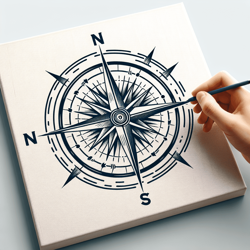 A hand with a pencil drawing an intricate compass design on a canvas, with prominent north (N) and south (S) indicators.