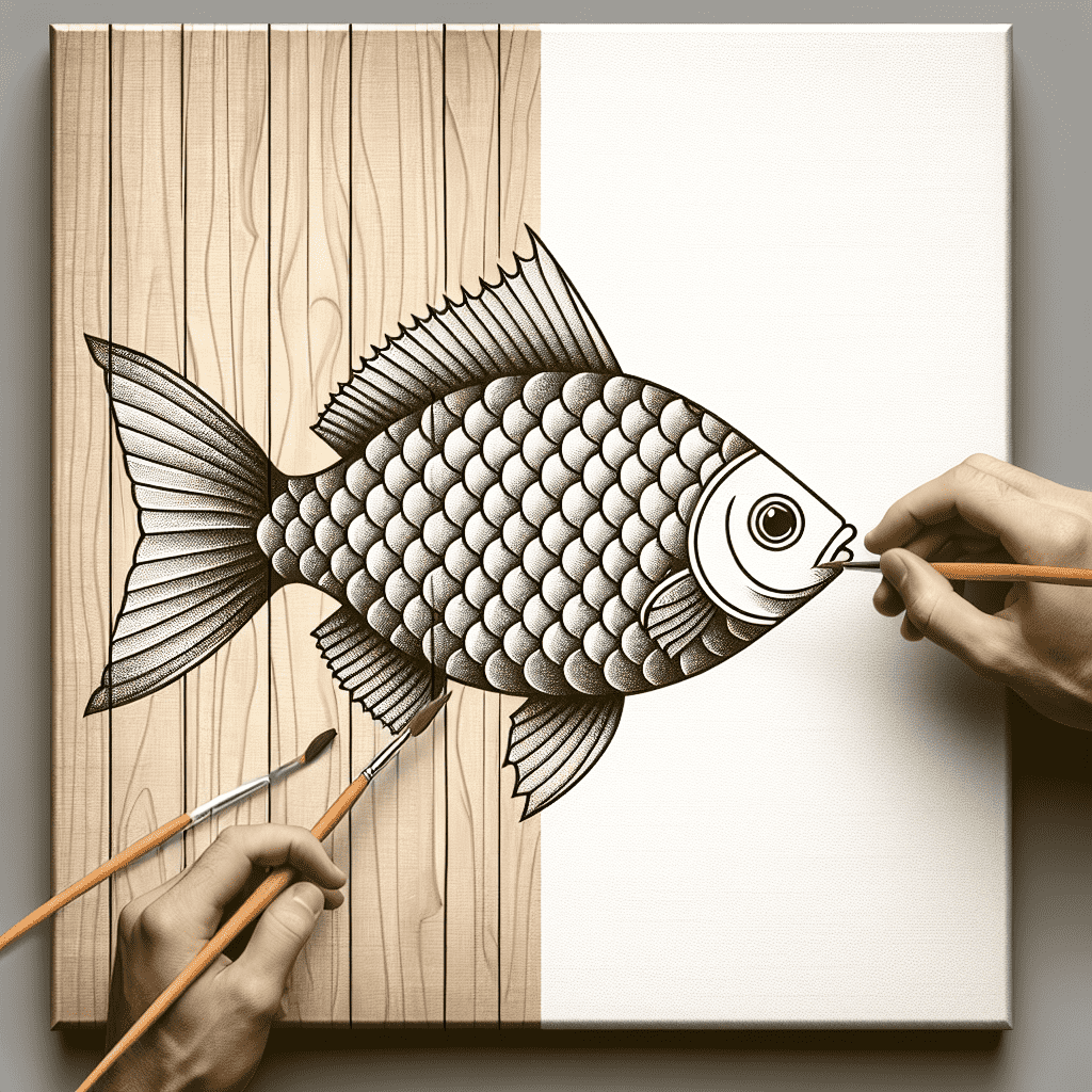 Alt text: A person's hand is drawing a detailed black and white fish on a canvas that overlaps a wooden surface, creating an illusion as if the fish is transitioning from the wood to the canvas.