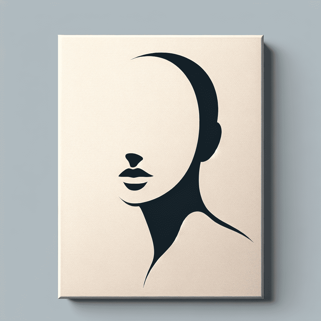 A minimalist canvas art print depicting the silhouette and features of a woman's face in a high-contrast style.