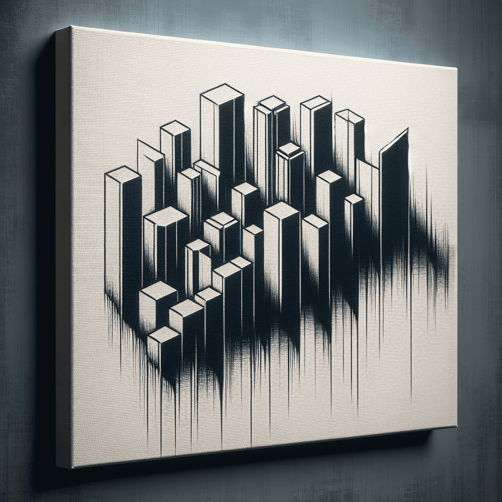 A canvas print featuring an abstract monochromatic depiction of three-dimensional buildings with elongated shadows, creating an urban skyline illusion.