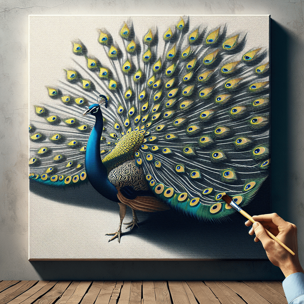 Alt text: A three-dimensional artwork of a peacock with a vibrant, open tail being painted onto a canvas, with a human hand holding a paintbrush adding details to the feathers. The scene is against a concrete wall and wooden floor.