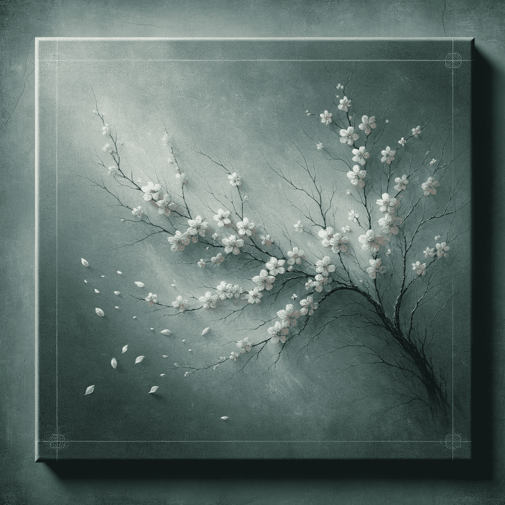 An artwork depicting a stylized cherry blossom tree with white blossoms on a textured grey background, some petals appearing to fall off the branches.