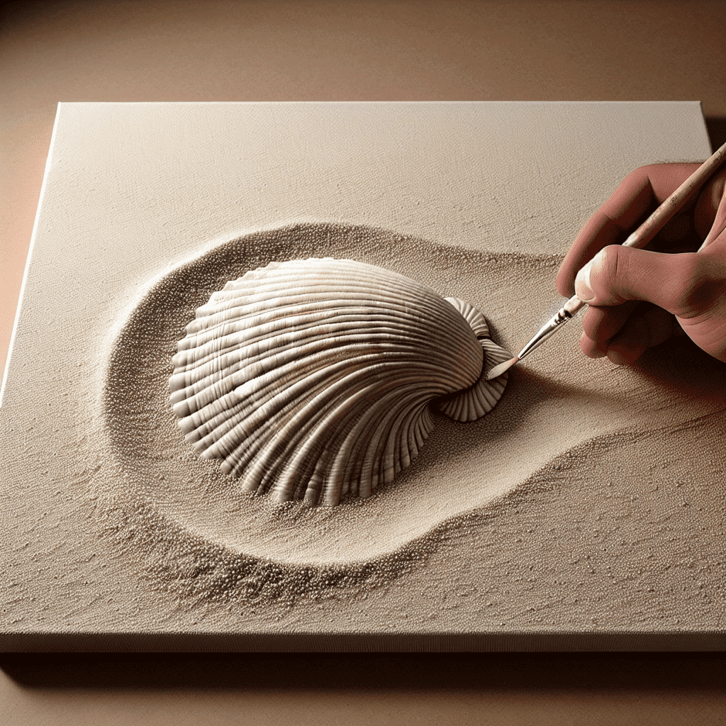 A person's hand using a tool to create a 3D drawing of a scallop shell in the sand.
