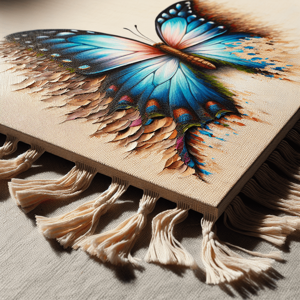 A close-up of a vibrant painting on canvas of a butterfly with intricate wings, resting on the edge of the canvas that features tasseled fringes. The artwork showcases a mix of blues, oranges, and hints of various other colors, with a play of textures that suggest feathers.