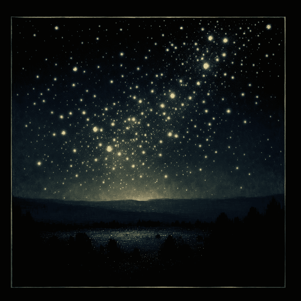 "Starry night sky over a silhouetted landscape with a vintage cyanotype photographic effect."