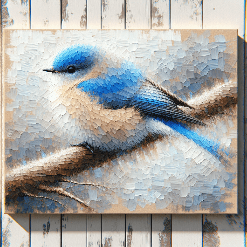 A textured painting of a bluebird perched on a branch, displayed against a wooden background.