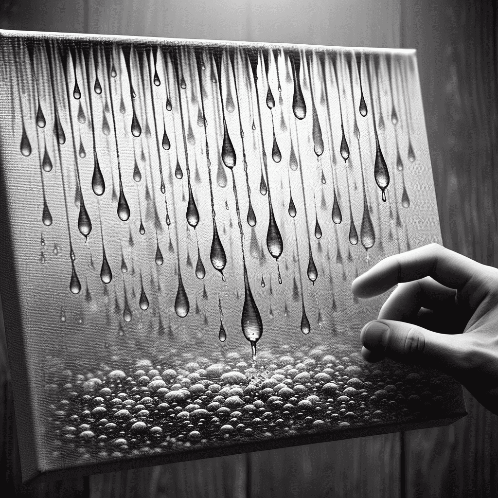 A black and white image showing a person's hand touching an artwork that simulates raindrops falling from a surface. The droplets appear to be frozen in time, creating a sense of three-dimensionality and movement.