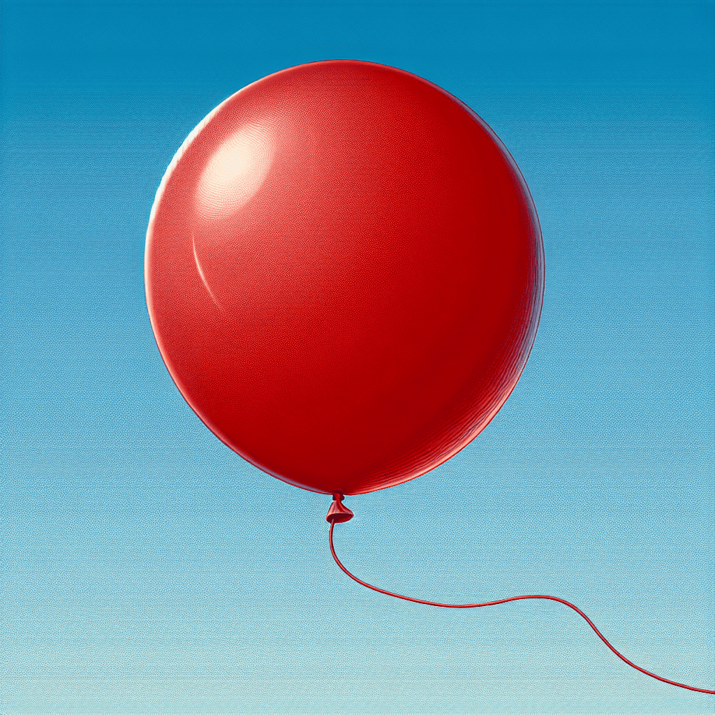 A single red balloon with a string attached floating against a clear blue sky.