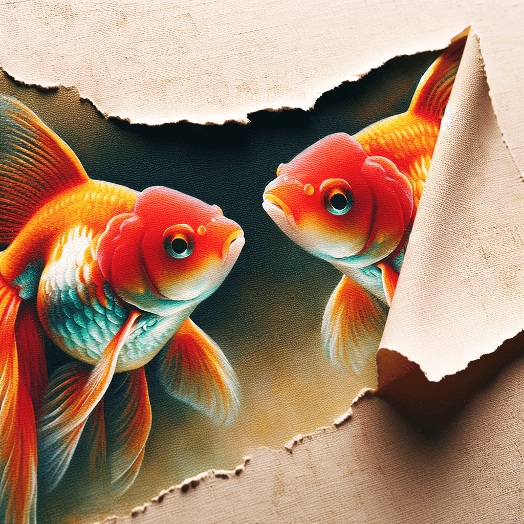 Alt text: Illustration of two vibrant orange goldfish facing each other with a ripped paper edge in the foreground, creating the impression that the fish are emerging from behind the paper.