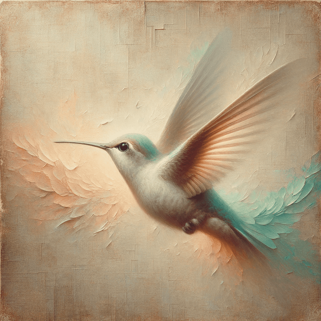 "Artistic illustration of a hummingbird in flight with its wings spread, against a textured background with soft, muted tones of beige and green, giving a peaceful and ethereal feeling."