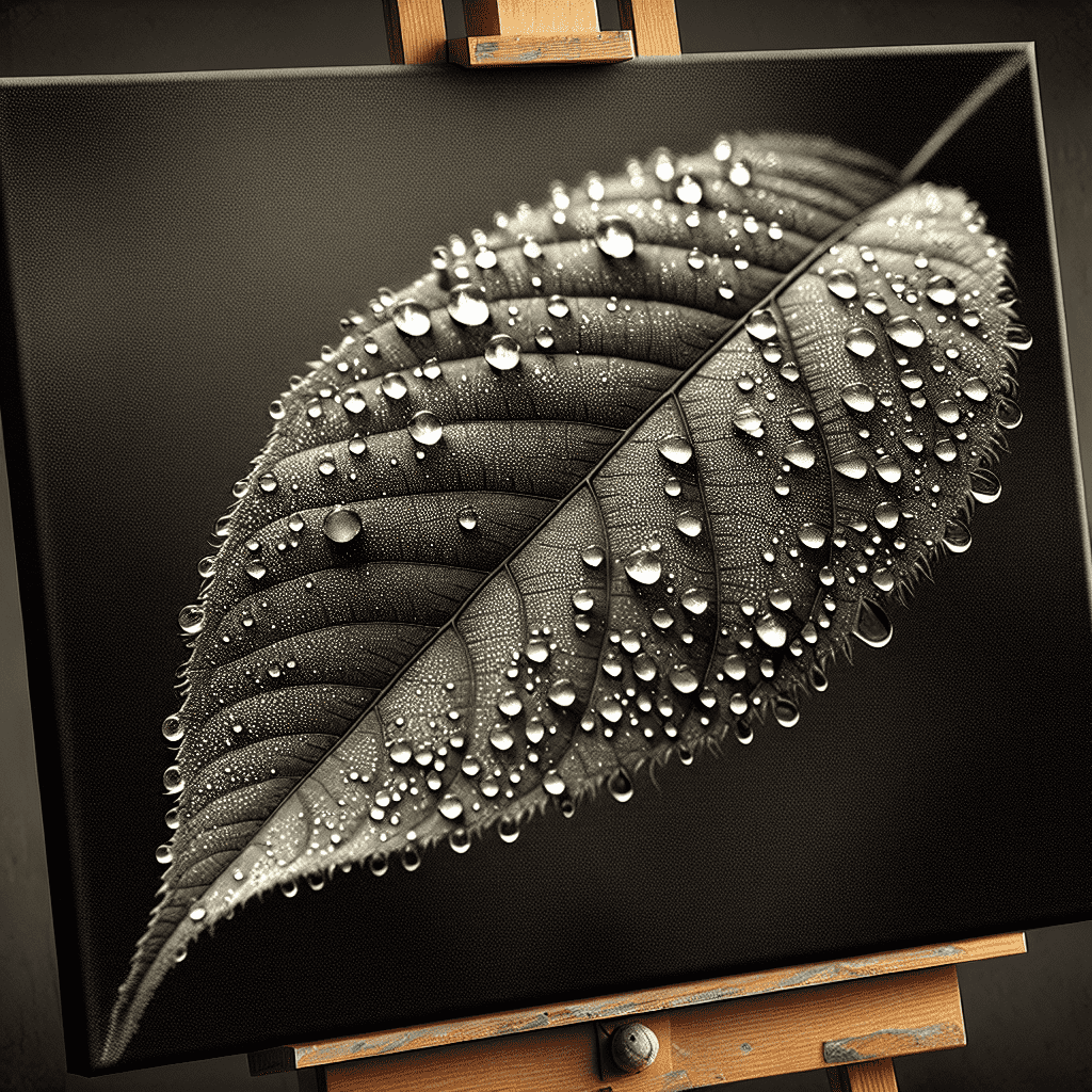 Black and white photograph of a detailed leaf covered in water droplets on a canvas displayed on an easel.