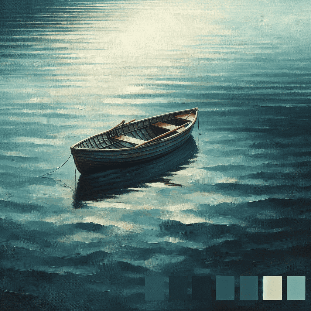 A digital painting of a solitary rowboat floating on calm blue waters with a serene, reflective surface under a soft light.