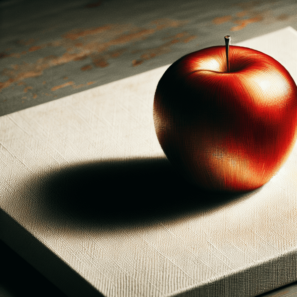 A red apple casting a shadow on a textured surface.