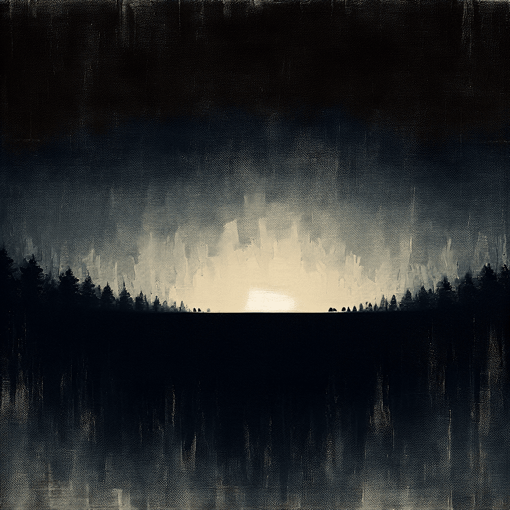 A monochromatic painting or image depicting a dark forest silhouette against a lighter background with a mirror-like reflection below, creating a serene and mysterious atmosphere.