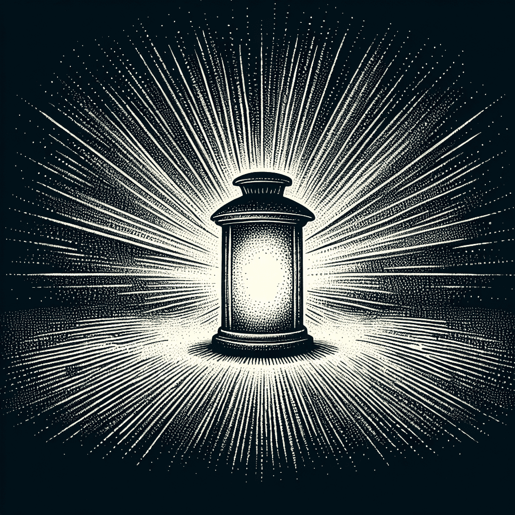 Illustration of a classic lantern emitting a bright light with rays spreading outwards, set against a dark background.