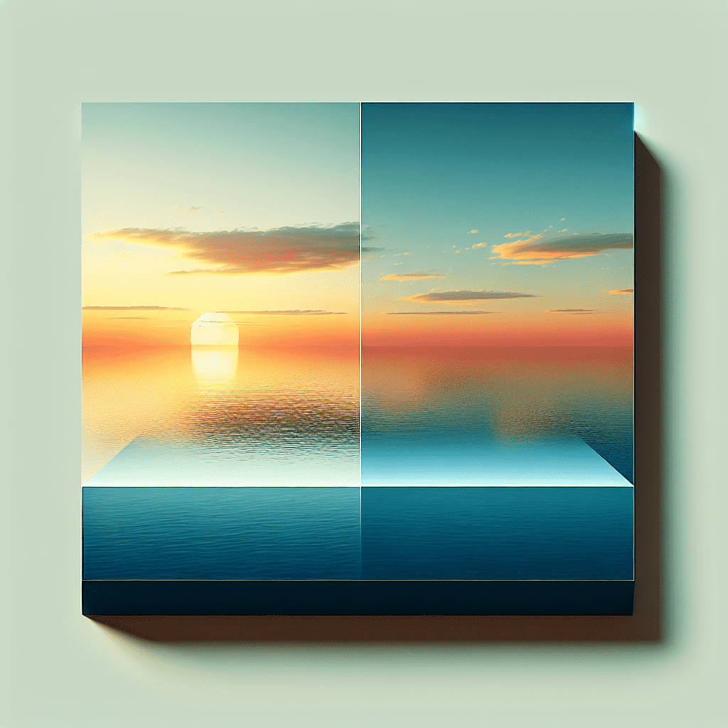 A canvas print of a sunset at sea, divided into four sections and mounted on a wall, creating a window-like effect.