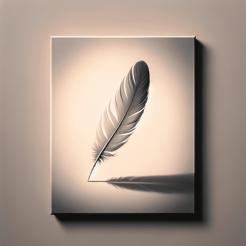 An elegant feather depicted in grayscale, casting a long shadow, presented against a pale background in a simple frame.
