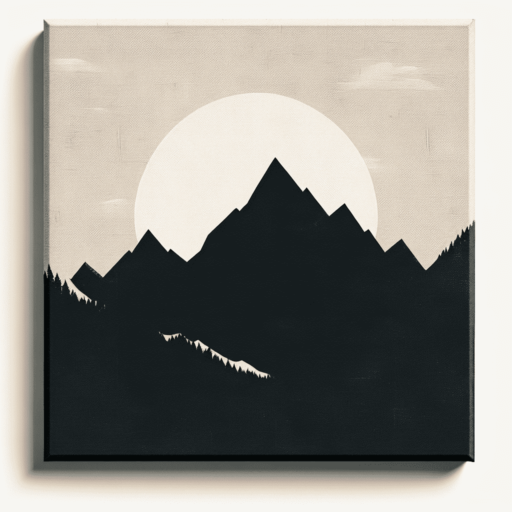 "Stylized monochromatic artwork of mountain peaks with a large full moon rising in the backdrop and a subtle textured sky."