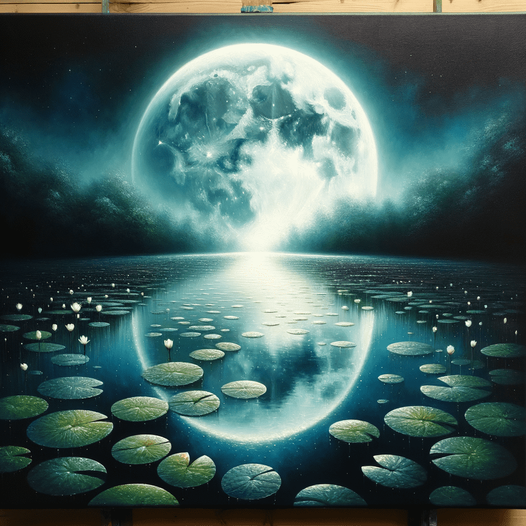 Painting of a large, luminous full moon casting a reflection over a tranquil lake filled with water lilies.