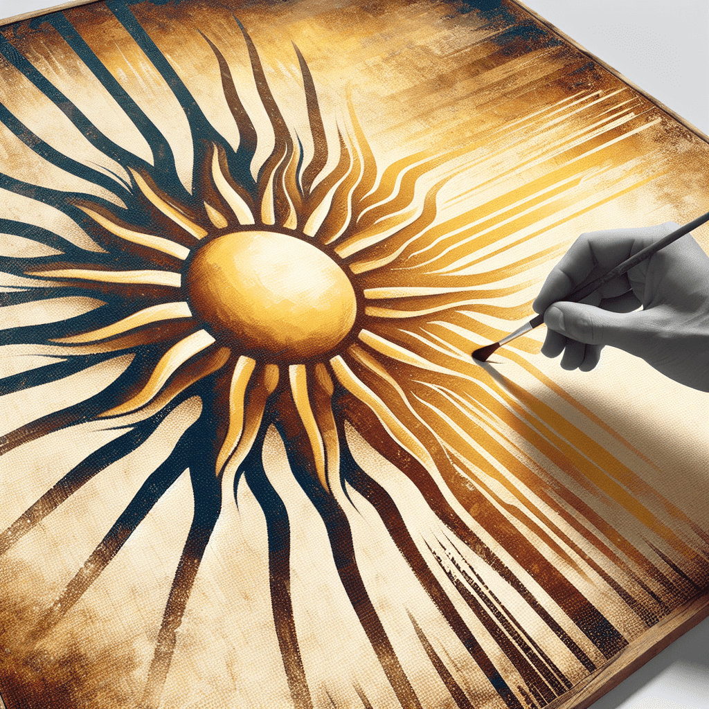 A hand holding a paintbrush adding details to a stylized sun painting with radiant beams on a textured canvas.