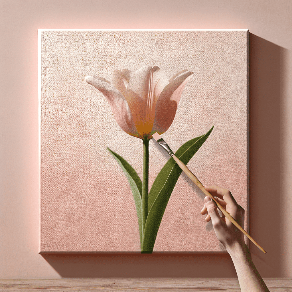 Alt text: A realistic painting of a pink tulip on a canvas, with a person's hand holding a paintbrush, adding finishing touches to one of the tulip petals.