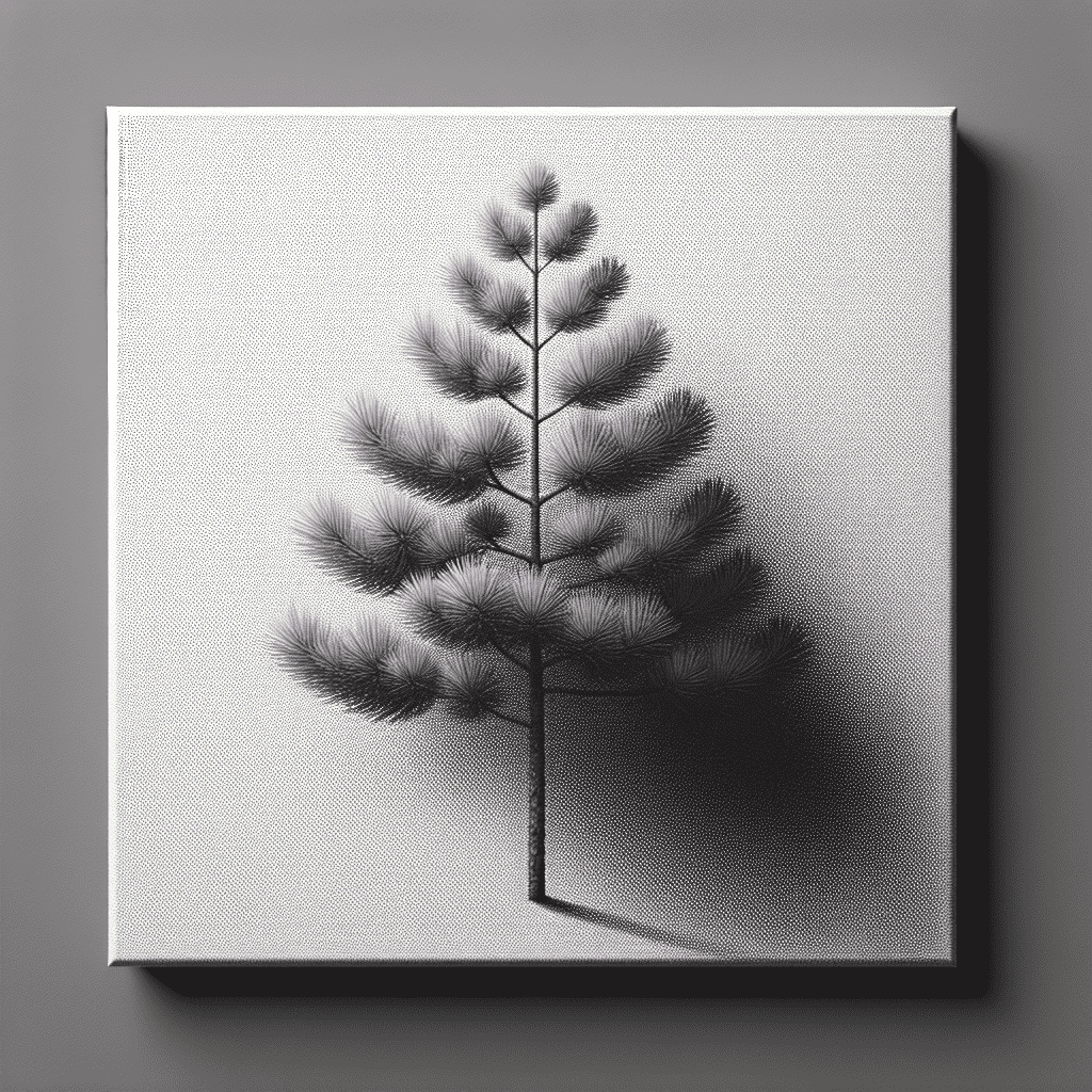 Black and white image of a pine tree with a textured background, displayed as wall art.