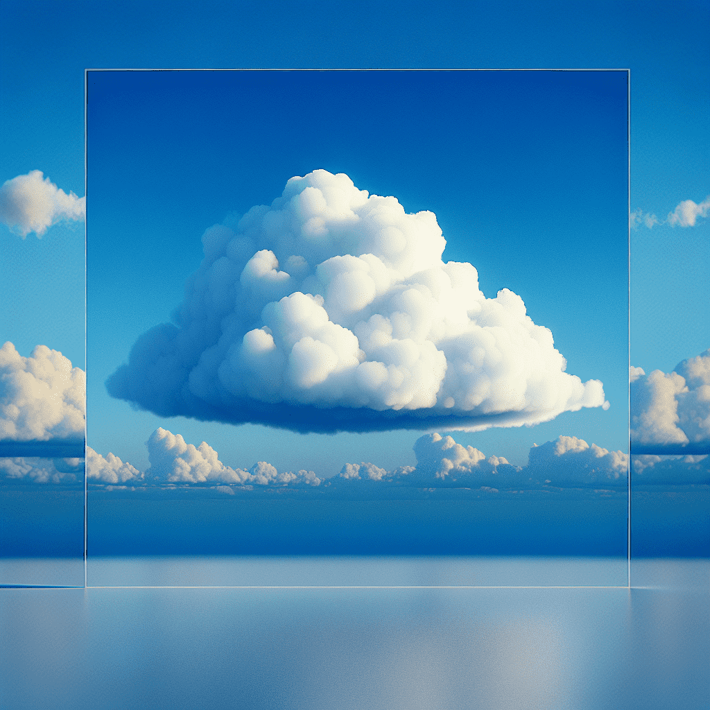 Alt text: A solitary, fluffy white cloud centered against a backdrop of a vibrant blue sky, with a tranquil blue ocean below and other clouds in the distance.