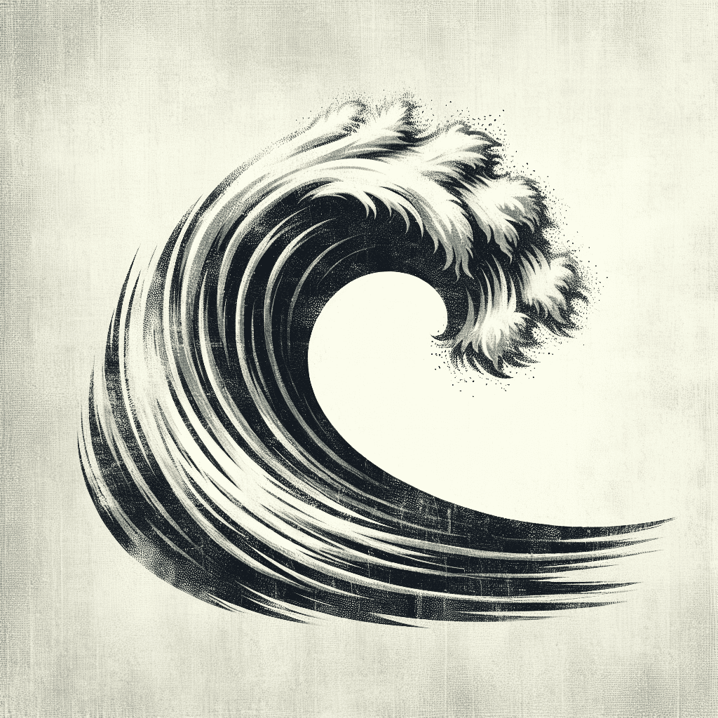 Illustration of an intricate black and white wave, styled with textured lines and dot patterns, creating a dynamic and artistic representation of ocean surf.