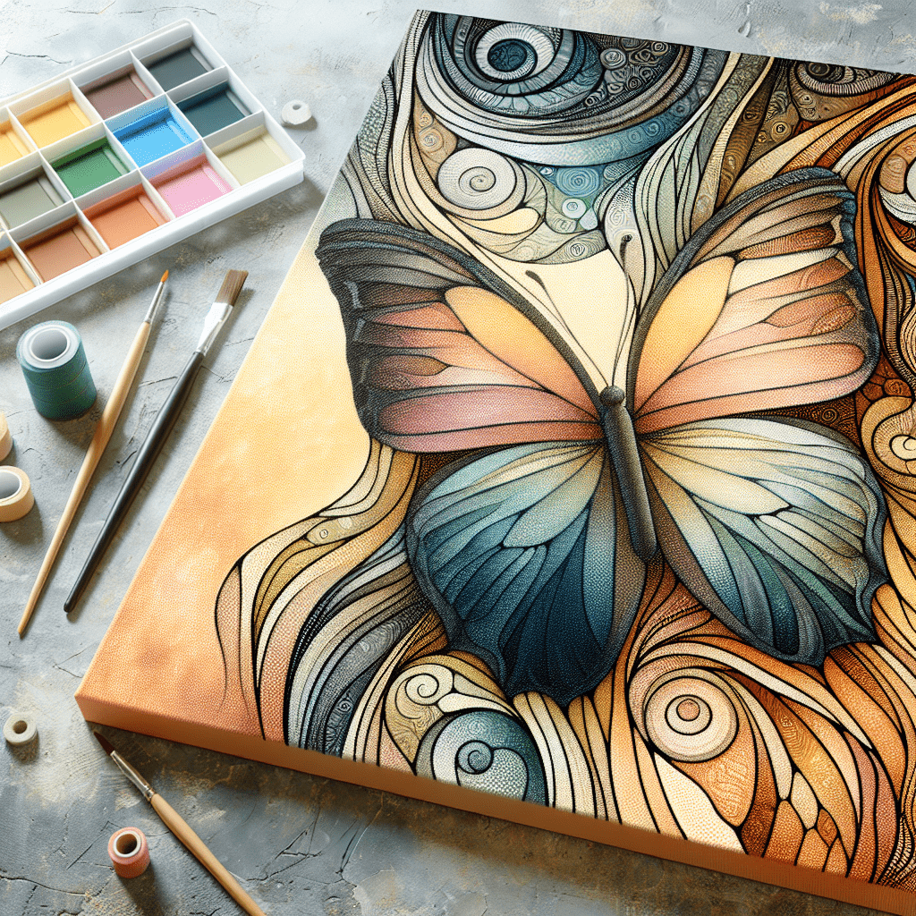 Illustration of a detailed and stylized butterfly on a canvas, surrounded by paint tubes, brushes, and a palette with various colors. The artwork and supplies are laid out on a textured surface.