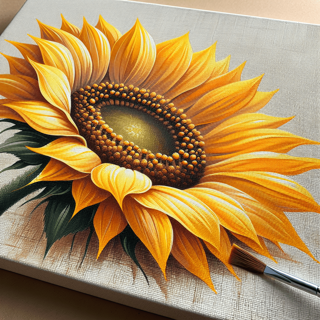 "Close-up of a vibrant painting of a sunflower with a paintbrush laying on the canvas, showcasing detailed brushwork and rich yellow petals."