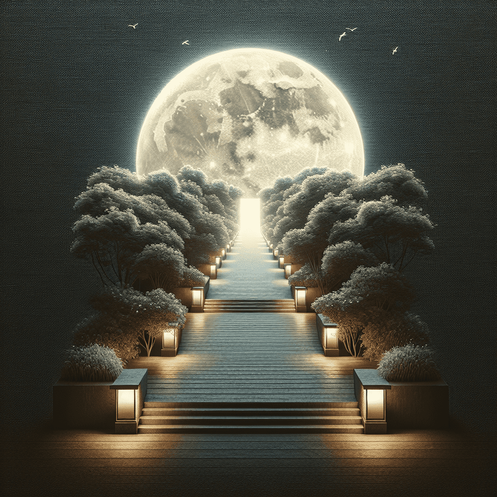 A picturesque digital artwork depicting a stairway flanked by lush trees and illuminated by lanterns, leading up to a large, glowing full moon against a starry night sky, with birds flying in the distance.