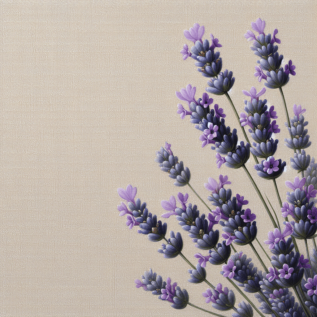 A digital image featuring a textured beige background with a group of stylized lavender flowers arranged diagonally, displaying shades of purple and green.