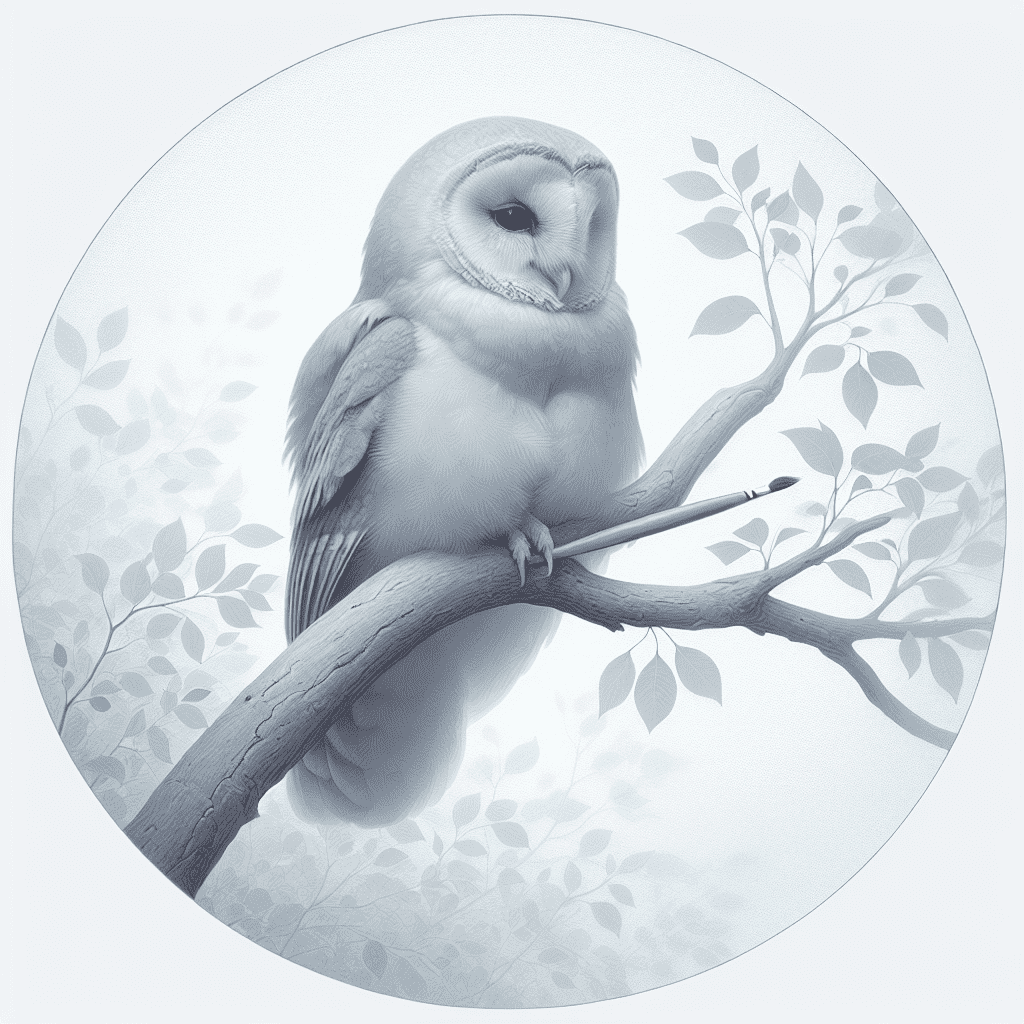Monochrome illustration of a barn owl perched on a branch amidst leaves, enclosed within a circular frame.