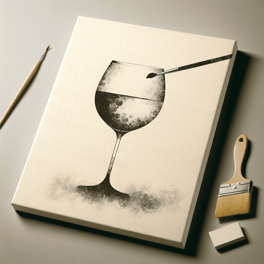 An artistic black and white illustration of a wine glass with bubbles on a canvas, accompanied by a paintbrush, pencil, eraser, and an additional brush on the side.