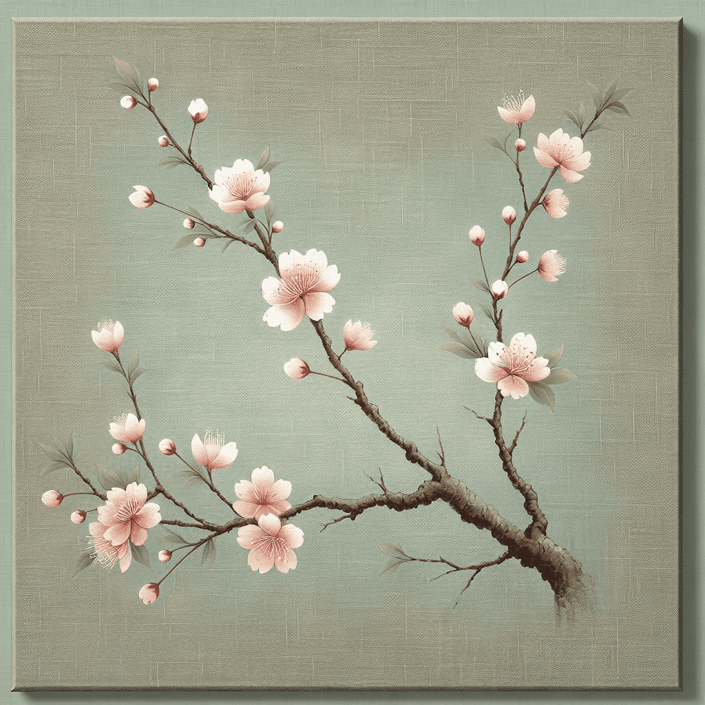 A canvas painting of a blooming cherry blossom branch with pink flowers on a textured greenish background.