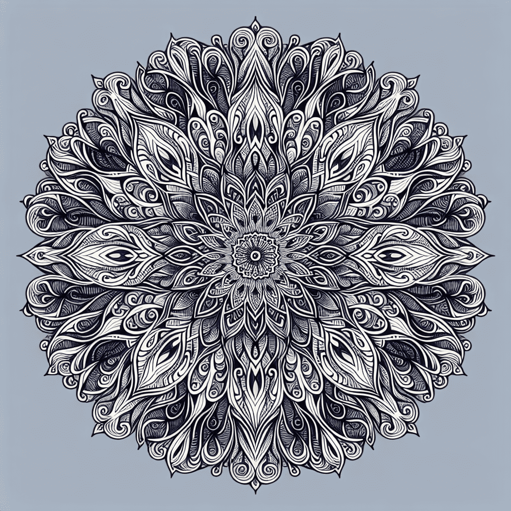 A detailed black and white mandala design with intricate patterns and symmetrical floral motifs.