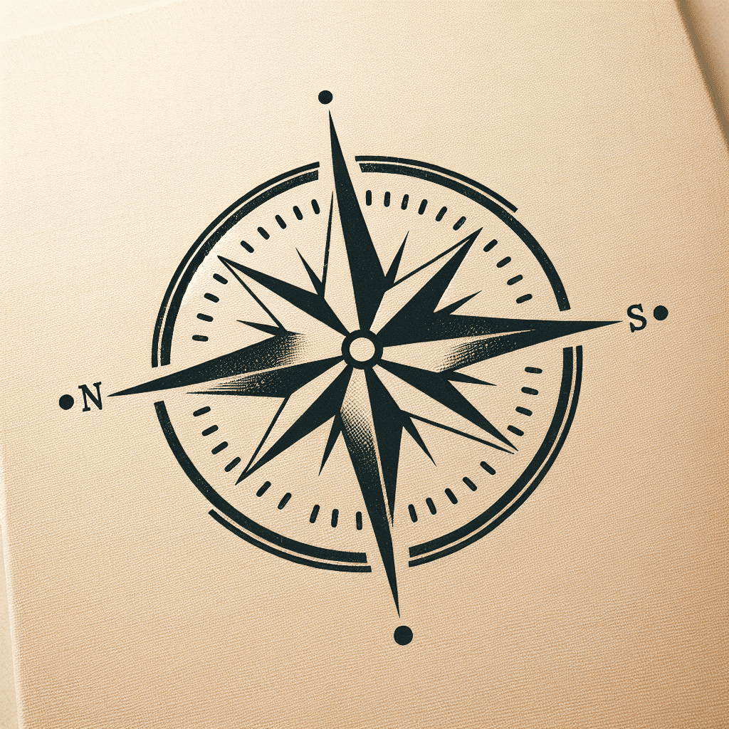 An illustrated vintage compass with the needle pointing north and south on a beige background.